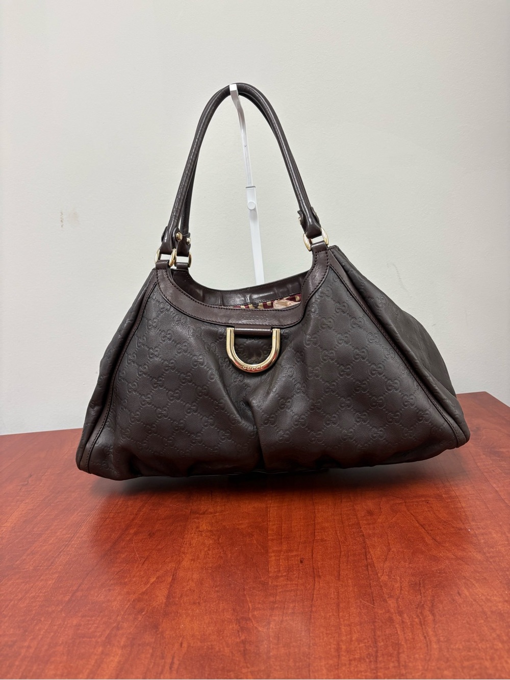 Gucci Guccissima Abbey Dark Brown Leather Shoulder Bag with Gold Hardware